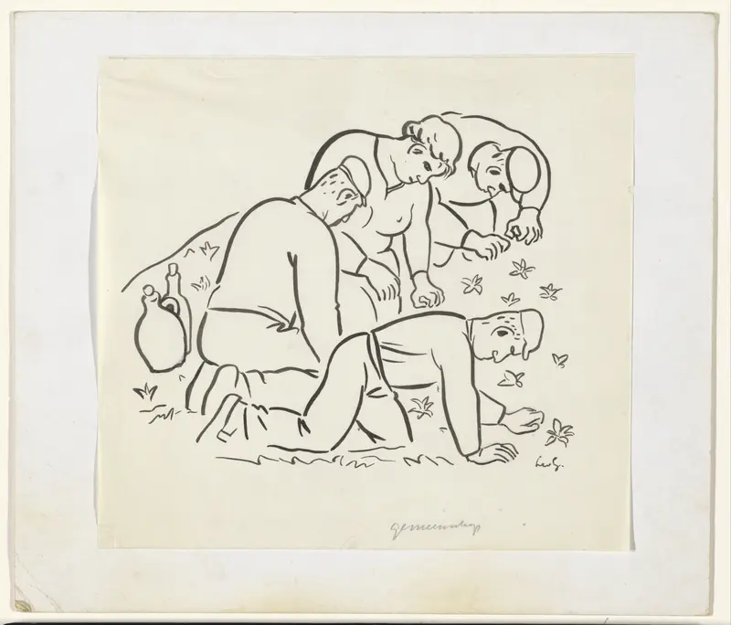 Drie boeren en een boerin wieden onkruid Wall Art by Unknown - High-Resolution Digital Print