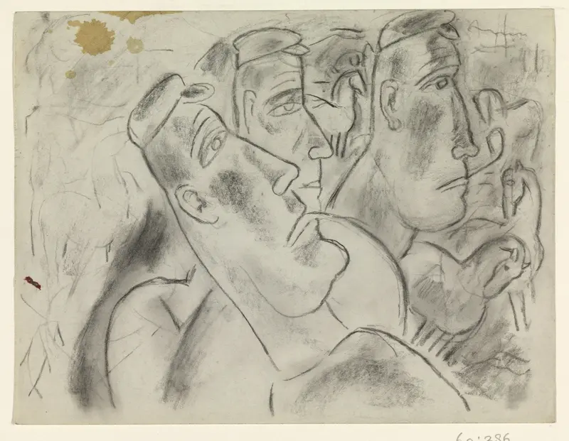 Drie boeren in een weiland met paarden Wall Art by Leo Gestel - High-Resolution Digital Print