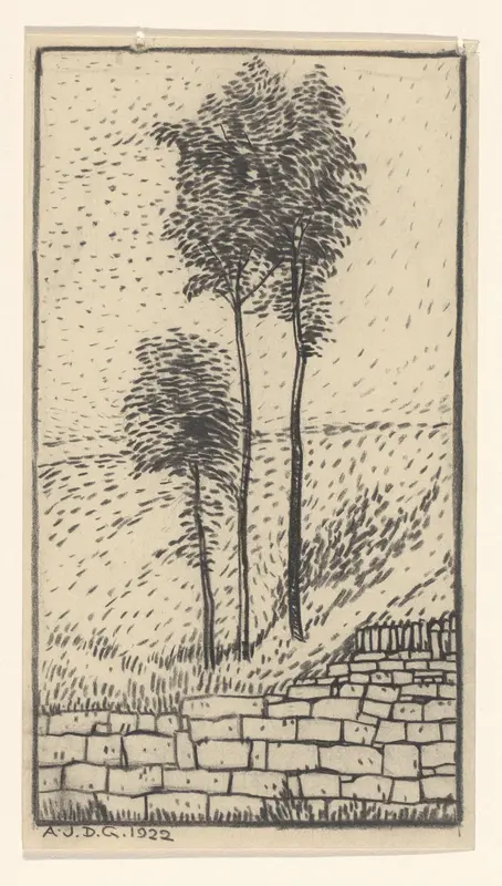 Drie bomen bij een stenen muur Wall Art by Unknown - High-Resolution Digital Print
