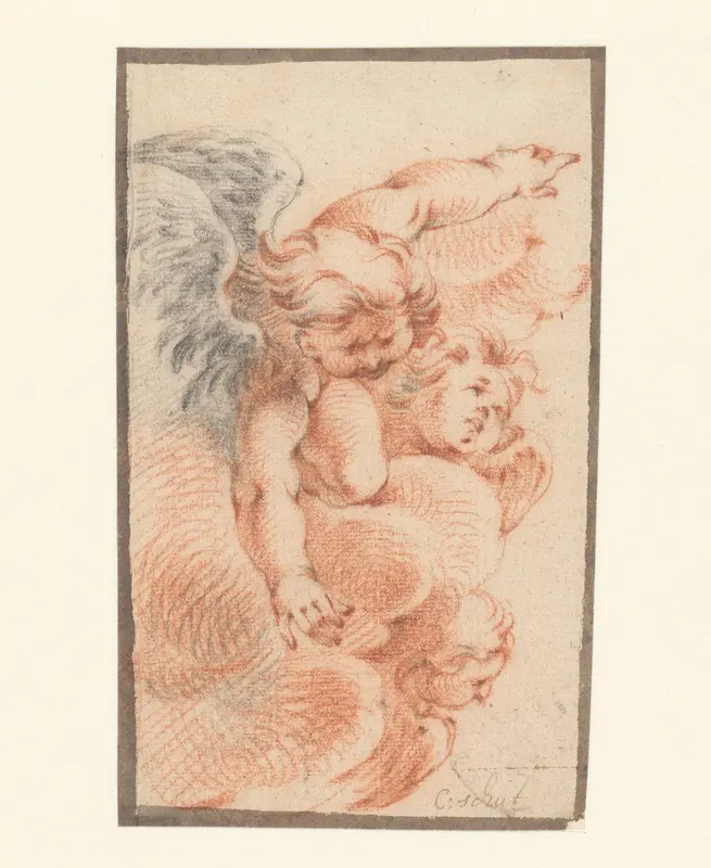Drie cherubijnen in een wolk Wall Art by Cornelis Schut (I) - High-Resolution Digital Print
