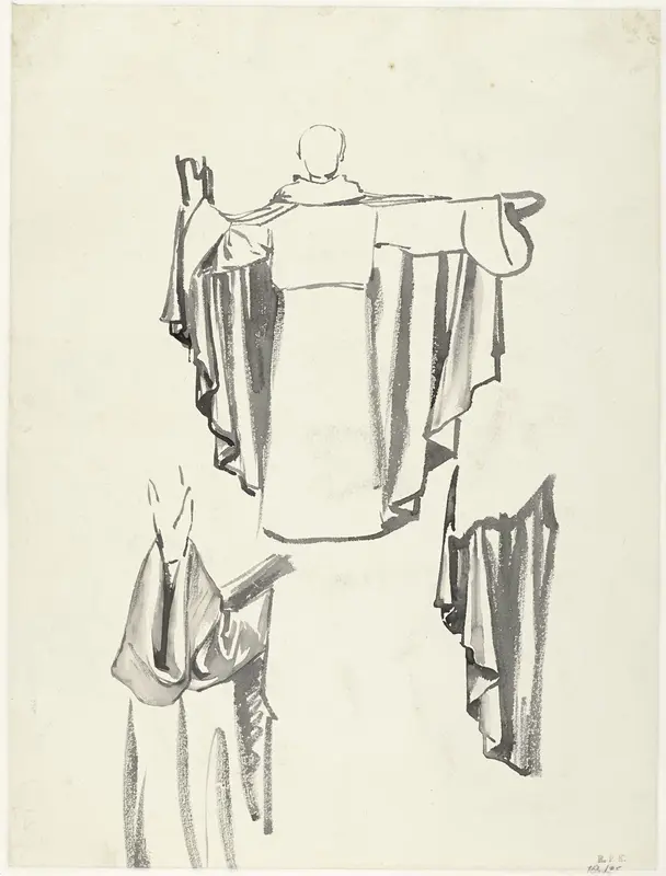 Drie draperiestudies van een staande man in lange mantel, van voren gezien Wall Art by Antoon Derkinderen - High-Resolution Digital Print