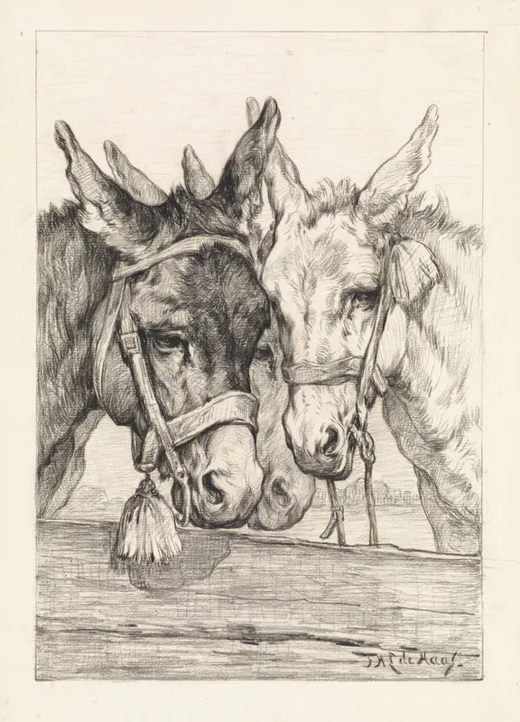 Drie ezels achter een schutting Wall Art by Johannes Hubertus Leonardus de Haas - High-Resolution Digital Print