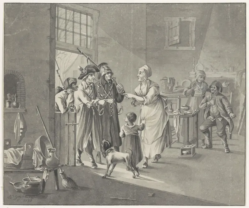 Drie Franse soldaten komen met een biljet van inkwartiering bij een Hollandse familie, 1795 Wall Art by Unknown - High-Resolution Digital Print
