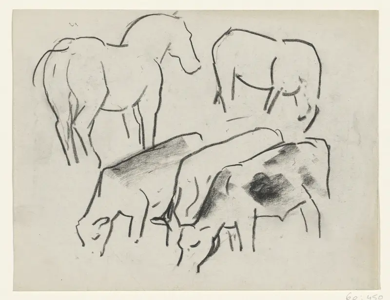 Drie grazende koeien en twee paarden Wall Art by Leo Gestel - High-Resolution Digital Print