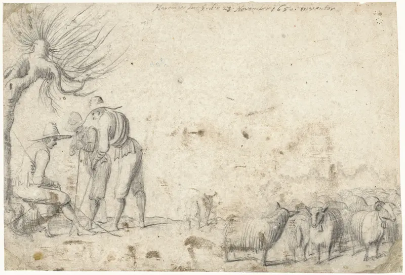 Drie herders in gesprek naast een kudde schapen Wall Art by Unknown - High-Resolution Digital Print