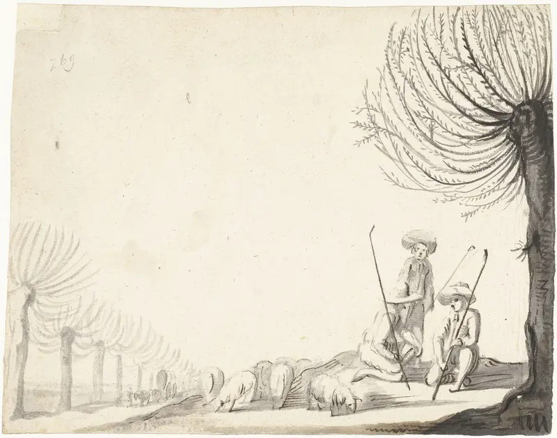 Drie herdersjongens met schapen bij wilgen Wall Art by Harmen ter Borch - High-Resolution Digital Print
