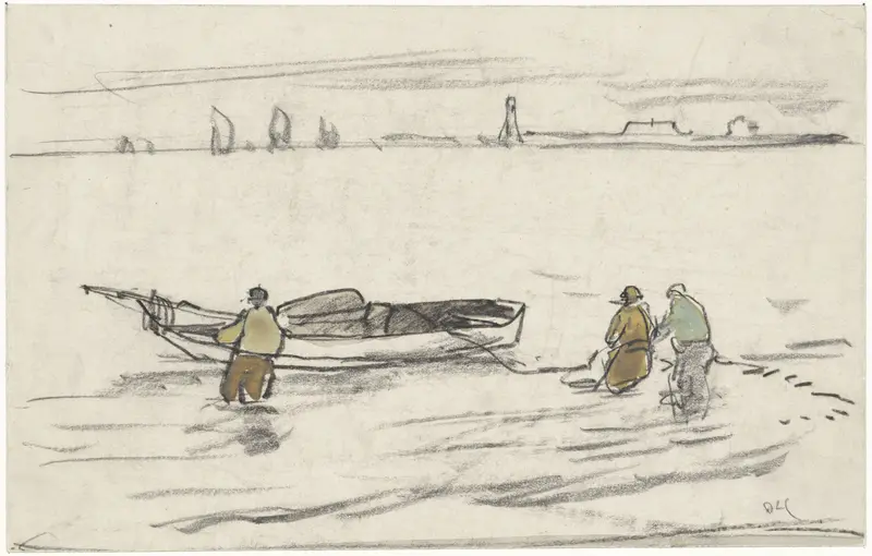 Drie in het water staande mannen halen een zeilboot naar de kant Wall Art by Adolf le Comte - High-Resolution Digital Print