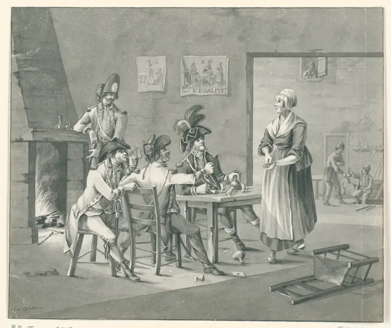 Drie ingekwartierde Franse soldaten lachen een dienstmeid uit als zij betaling vraagt voor de drank, 1795 Wall Art by Unknown - High-Resolution Digital Print