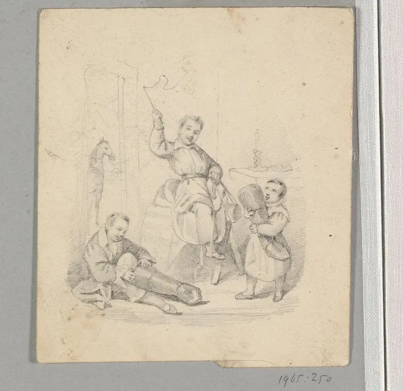 Drie jongens spelen ruiter met een zadel en laarzen Wall Art by Unknown - High-Resolution Digital Print