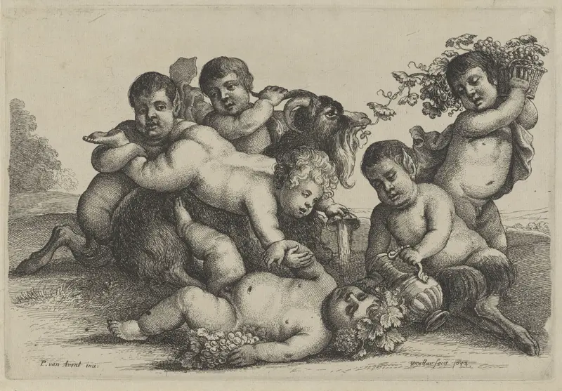 Drie jongetjes, twee saters, een bacchant en een geit Wall Art by Wenceslaus Hollar - High-Resolution Digital Print