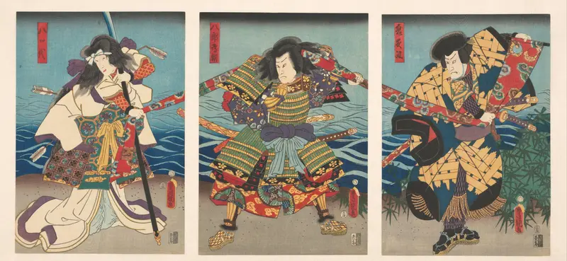 Drie kabuki acteurs trekkend aan een rode banier Wall Art by Unknown - High-Resolution Digital Print