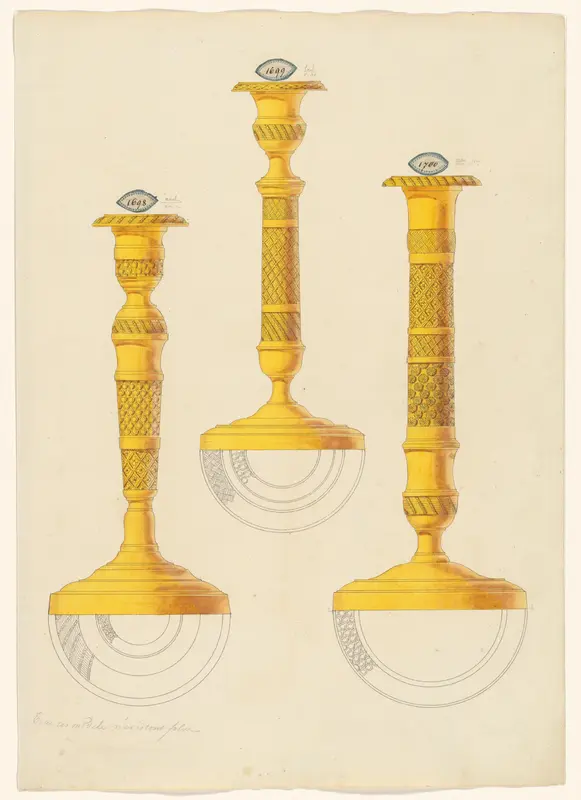 Drie kandelaars, met onder elke kandelaar een gedeeltelijk bovenaanzicht van de voet Wall Art by unknown - High-Resolution Digital Print