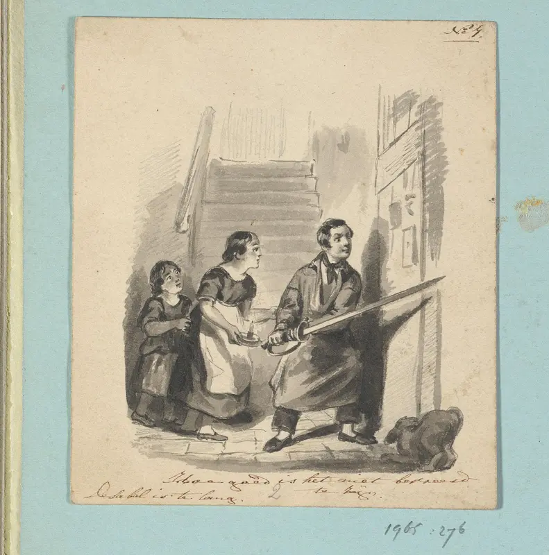 Drie kinderen in een hal, waarvan één met een zwaard Wall Art by Johann Wilhelm Kaiser (I) - High-Resolution Digital Print