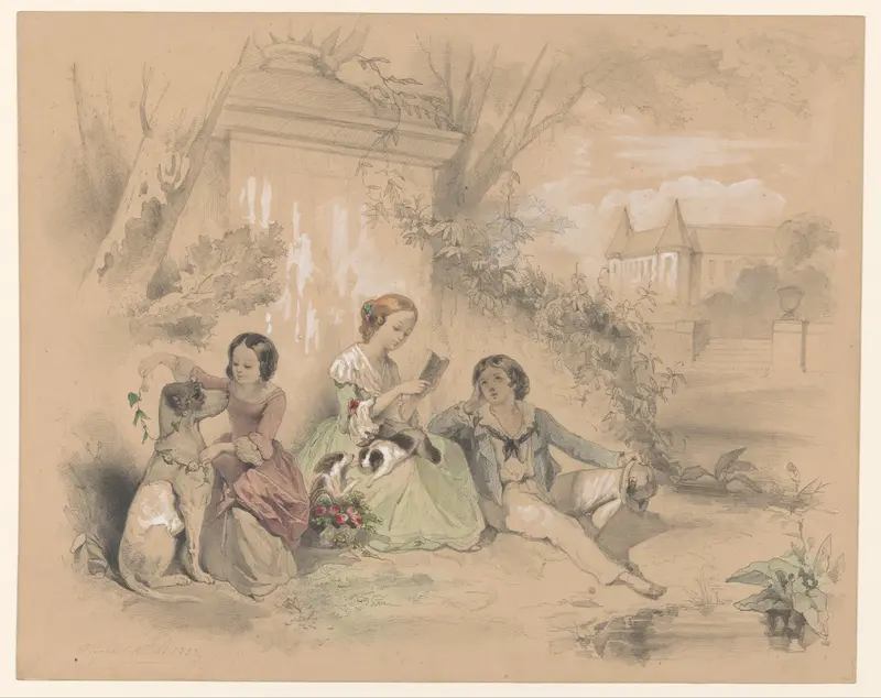 Drie kinderen in een kasteeltuin, lezend en spelend met honden Wall Art by August Allebé - High-Resolution Digital Print
