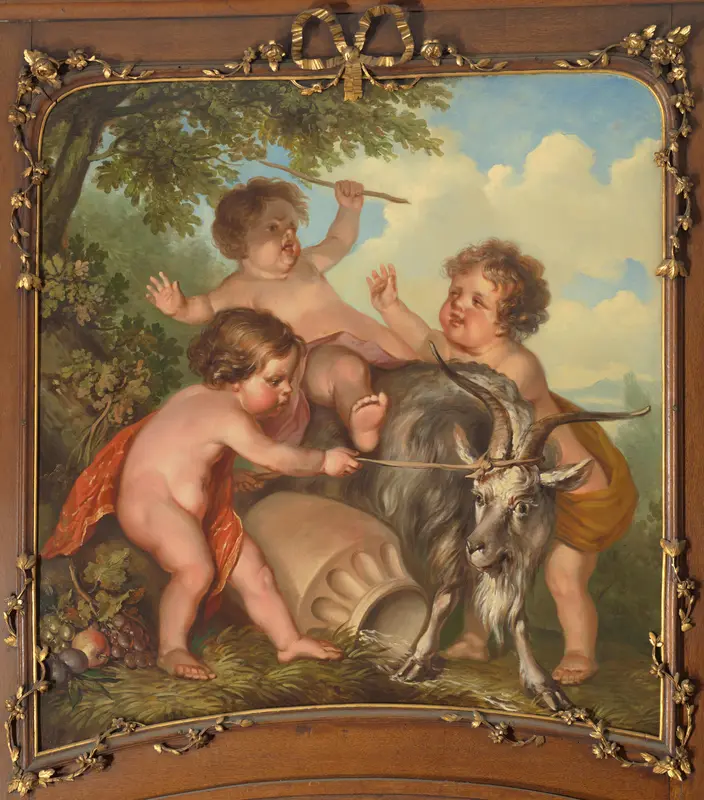 Drie kinderen spelend met een bok Wall Art by Jurriaan Andriessen - High-Resolution Digital Print
