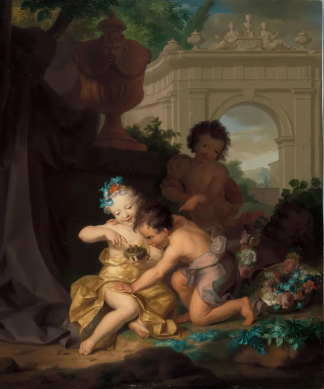 Drie kinderen spelend met een vogelnestje Wall Art by Unknown - High-Resolution Digital Print