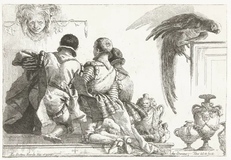 Drie knielende jongens op de rug gezien en papegaai Wall Art by Unknown - High-Resolution Digital Print