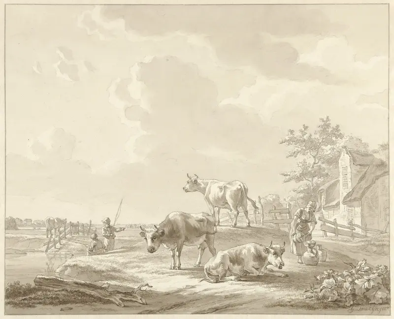 Drie koeien bij een boerderij, twee vissende jongens en een vrouw Wall Art by Unknown - High-Resolution Digital Print