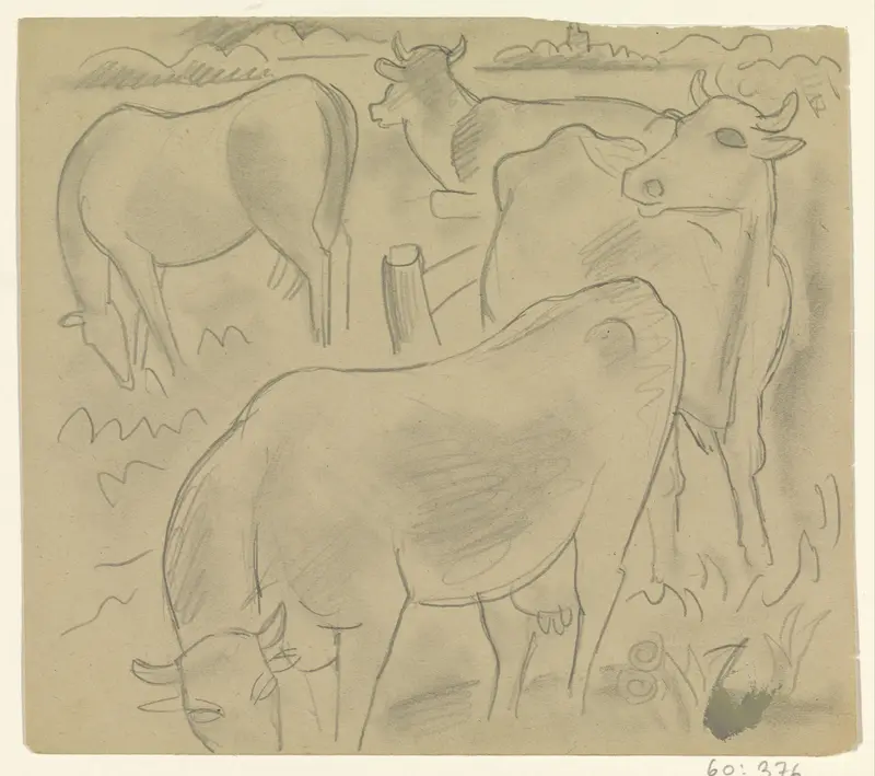 Drie koeien en een paard in de wei Wall Art by Leo Gestel - High-Resolution Digital Print