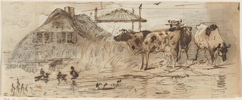 Drie koeien en eenden bij een boerderij Wall Art by Johannes Tavenraat - High-Resolution Digital Print