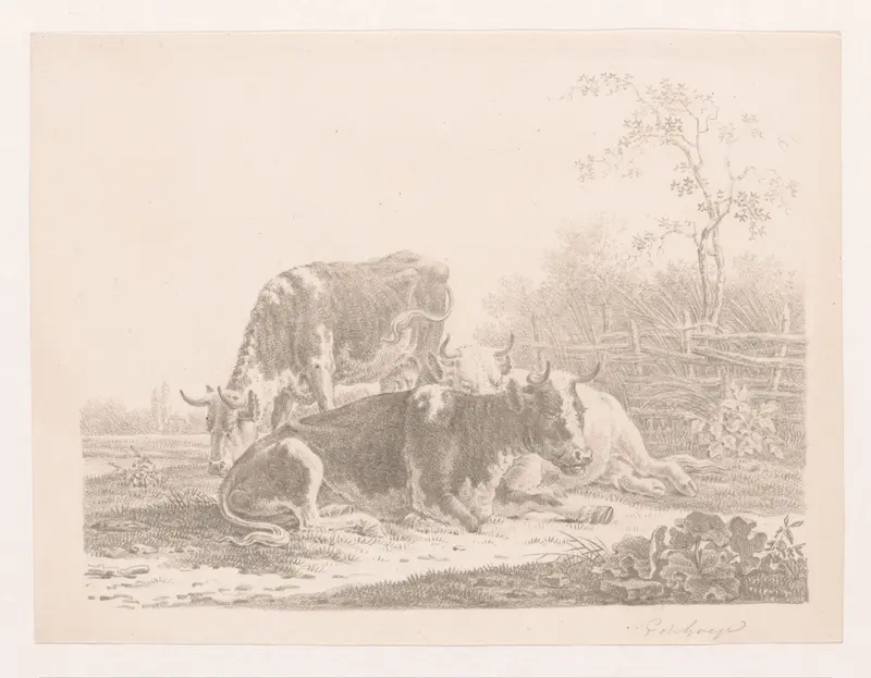 Drie koeien in een weide bij een hek Wall Art by Pieter de Goeje - High-Resolution Digital Print