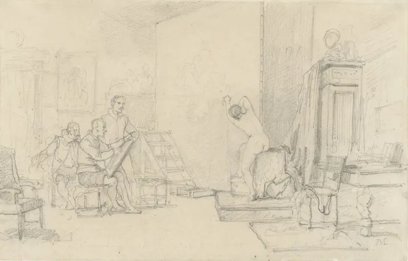 Drie kunstenaars in een zeventiende-eeuws interieur Wall Art by Jean Louis Ernest Meissonier - High-Resolution Digital Print