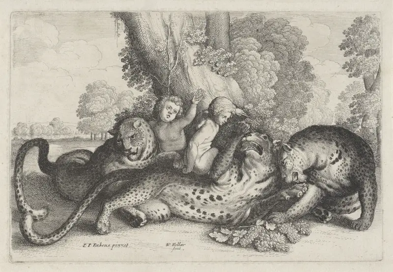 Drie luipaarden en twee jongetjes Wall Art by Unknown - High-Resolution Digital Print