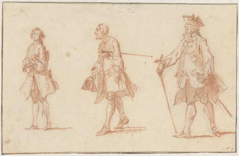 Drie mannelijke figuren, twee met stok en steek Wall Art by Cornelis Troost - High-Resolution Digital Print
