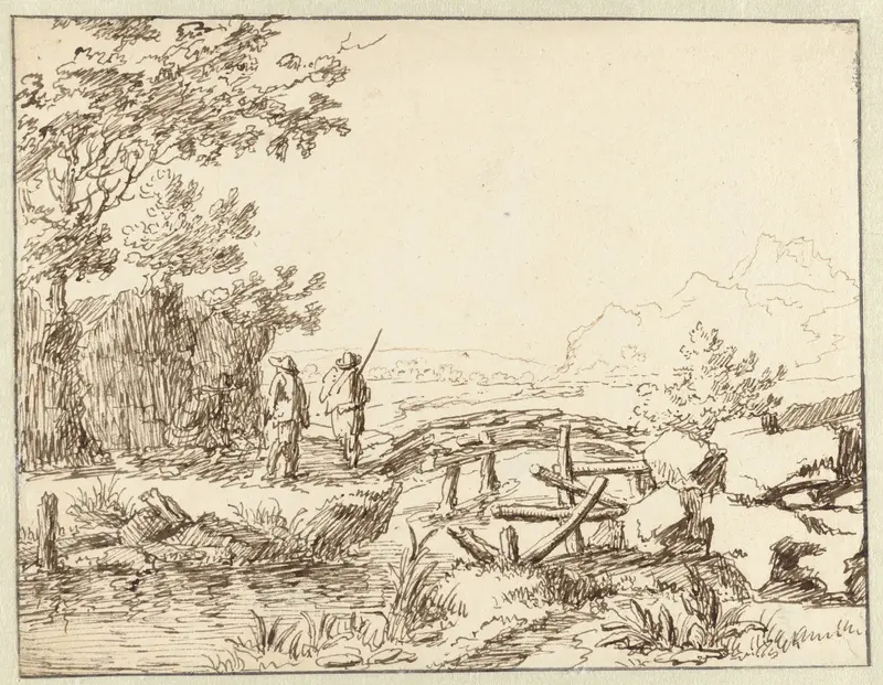 Drie mannen bij een brug Wall Art by Jan van Almeloveen - High-Resolution Digital Print