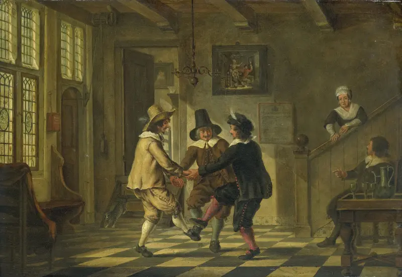 Drie mannen in zeventiende-eeuws kostuum dansend in een voorhuis Wall Art by anonymous - High-Resolution Digital Print