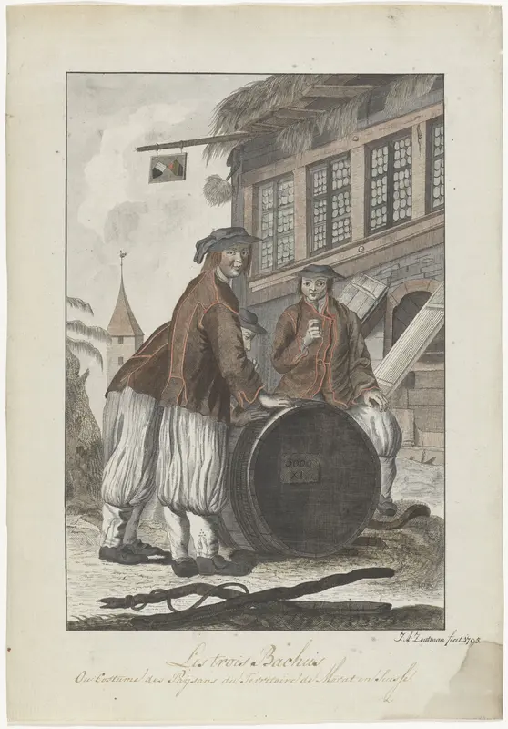Drie mannen in Zwitserse kleding voor een huis Wall Art by Unknown - High-Resolution Digital Print