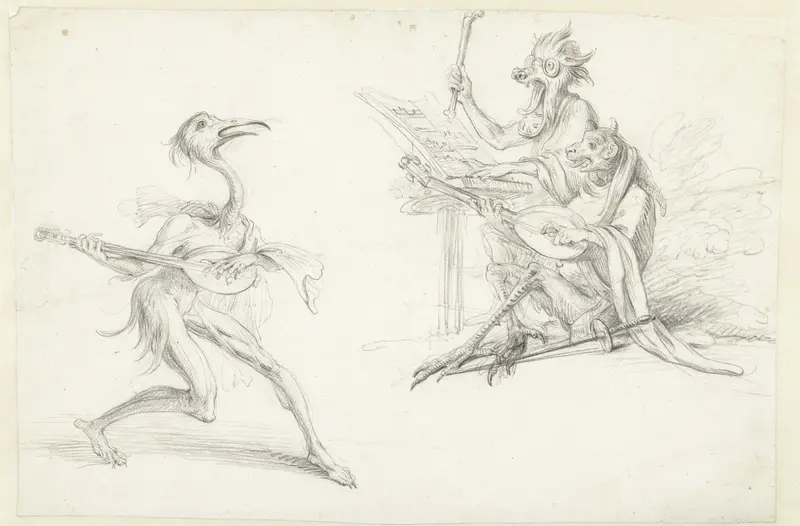 Drie musicerende fabelfiguren Wall Art by Unknown - High-Resolution Digital Print