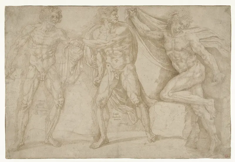 Drie naakte mannen in verschillende houdingen Wall Art by Lambert Lombard - High-Resolution Digital Print