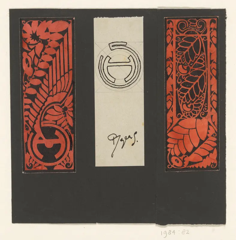 Drie panelen met bladmotieven en symbolen Wall Art by Unknown - High-Resolution Digital Print