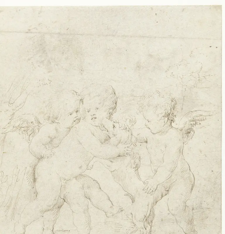Drie putti met een hond Wall Art by Unknown - High-Resolution Digital Print