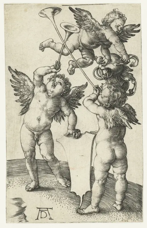Drie putti met trompetten, schild en helm Wall Art by Unknown - High-Resolution Digital Print