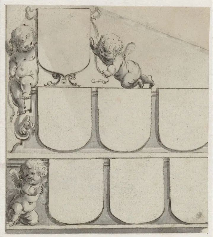 Drie putti met zeven blanco wapenschilden Wall Art by Pieter Jansz - High-Resolution Digital Print