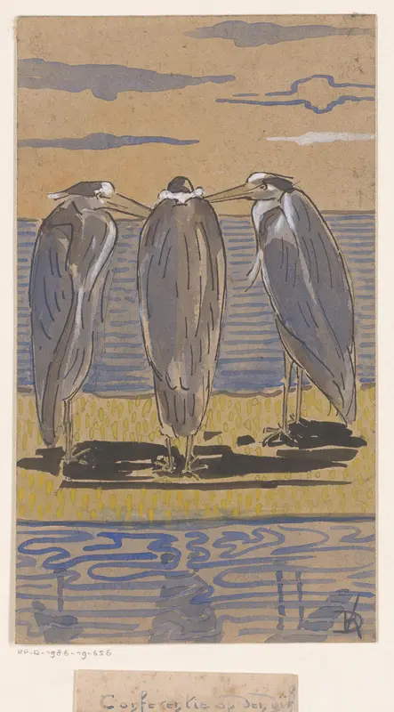 Drie reigers op een dijk Wall Art by Unknown - High-Resolution Digital Print