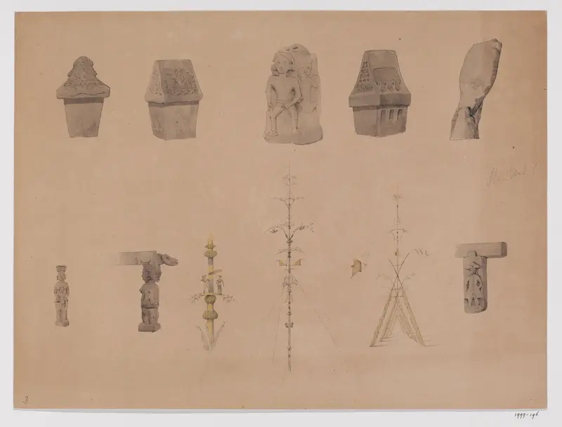 Drie sarcofagen, twee dorpsstichtingsstenen en details van architectuurelementen en bamboepalen, Minahasalanden, Noord-Celebes Wall Art by Adrianus Johannes Bik - High-Resolution Digital Print