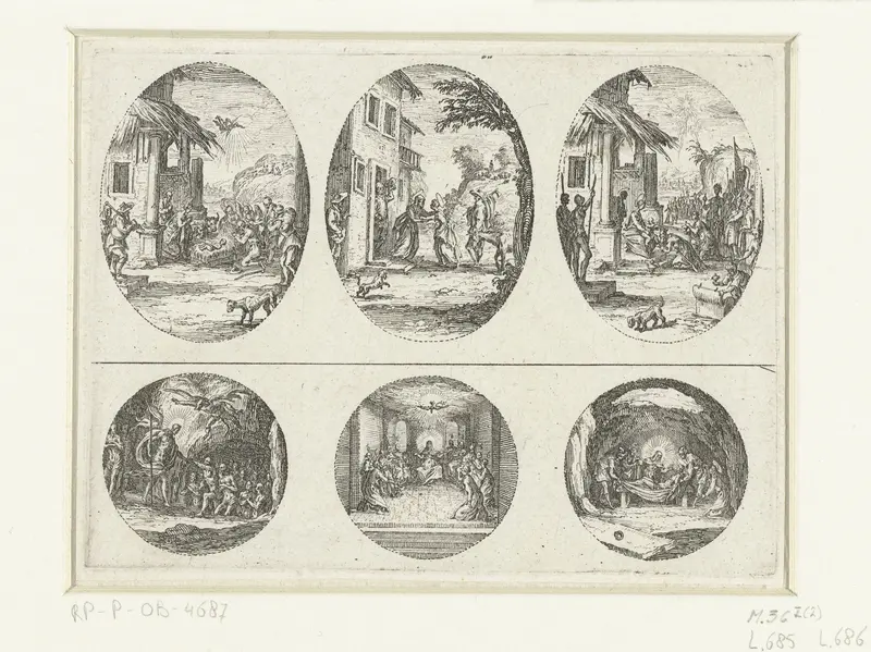 Drie scènes uit het leven van Maria en drie Passiescènes: Aanbidding door de herders, Visitatie, Aanbidding door de koningen, Afdaling in het voorgeborchte, Pinksteren, Graflegging Wall Art by Jacques Callot - High-Resolution Digital Print