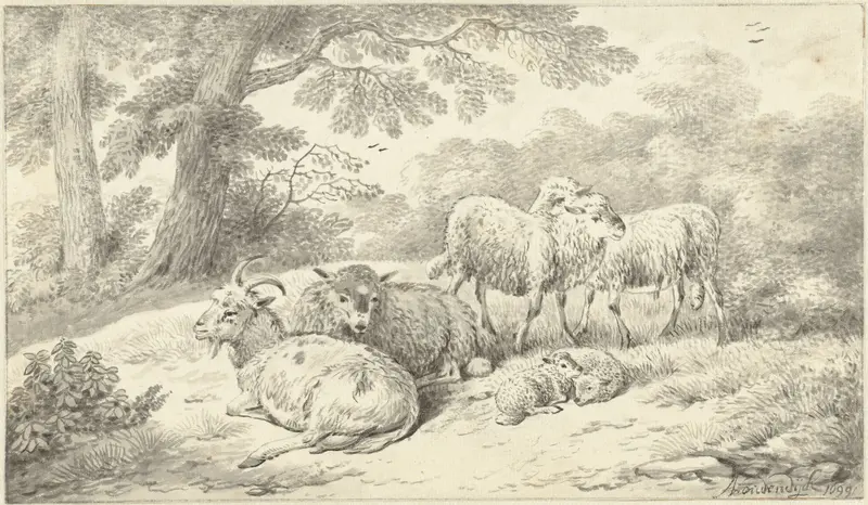 Drie schapen, twee lammeren en een geit in een bosachtig landschap Wall Art by Adriaen Oudendijck - High-Resolution Digital Print