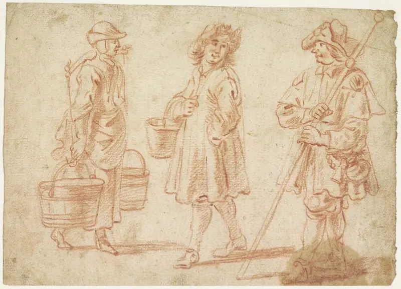 Drie schetsen van een vrouw met juk, man met emmer en een pelgrim Wall Art by Unknown - High-Resolution Digital Print