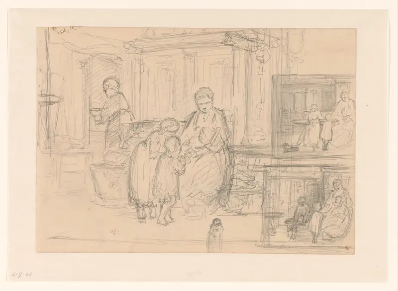 Drie schetsen van moeder met kinderen in interieur Wall Art by Hendrik Valkenburg - High-Resolution Digital Print