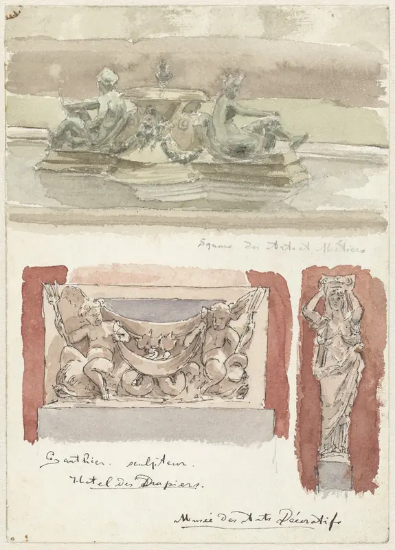 Drie schetsen van sculpturen in het Musée des Arts-Decoratifs te Parijs Wall Art by Wilhelm Cornelis Bauer - High-Resolution Digital Print