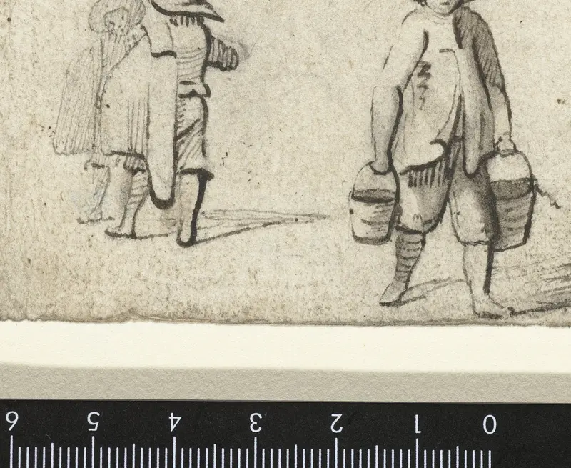 Drie staande figuren, de voorste draagt emmers Wall Art by Harmen ter Borch - High-Resolution Digital Print