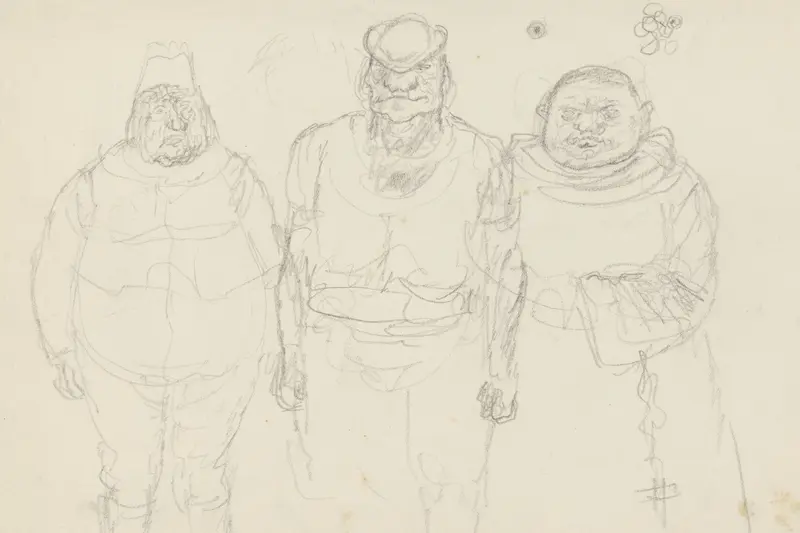 Drie staande mannen naast elkaar, onder wie een monnik Wall Art by Henk Henriët - High-Resolution Digital Print