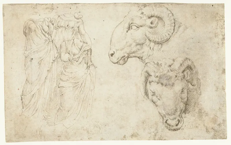 Drie standbeelden en twee studies van een ramskop op een kandelaar Wall Art by Maarten van Heemskerck - High-Resolution Digital Print