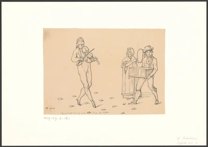 Drie straatmuzikanten waarvan de violist geblinddoekt is Wall Art by Christiaan Andriessen - High-Resolution Digital Print