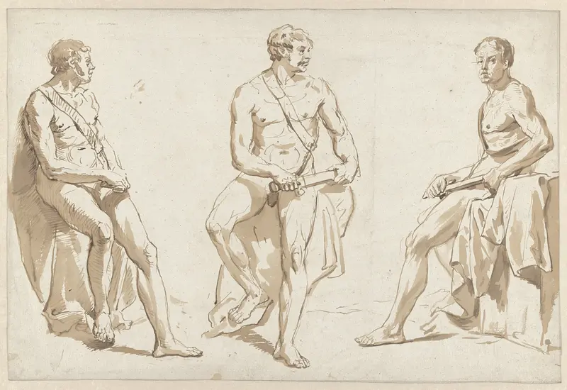 Drie studies naar een mannelijk naaktmodel, zittend met een zwaard Wall Art by Christiaan van Geelen jr. - High-Resolution Digital Print