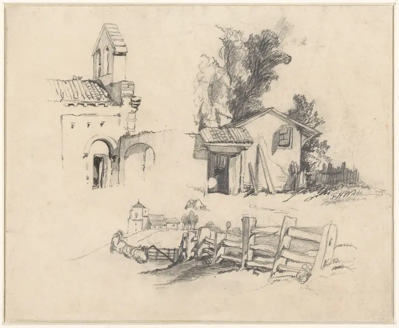 Drie studies van een kerk, huisje en hek Wall Art by Frederik Hendrik Weissenbruch - High-Resolution Digital Print
